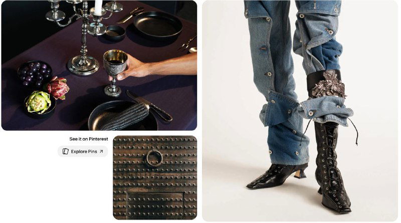 Фотоколлаж с тематикой стола и модной одеждой: тёмная сервировка и джинсовые ботинки как примеры контрастных визуальных направлений.