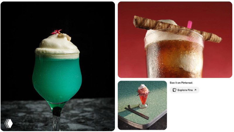 Напитки и десерты в насыщенных цветах на тёмном и светлом фоне, демонстрирующие гастрономические и фуд-стиль тренды для визуального контента.