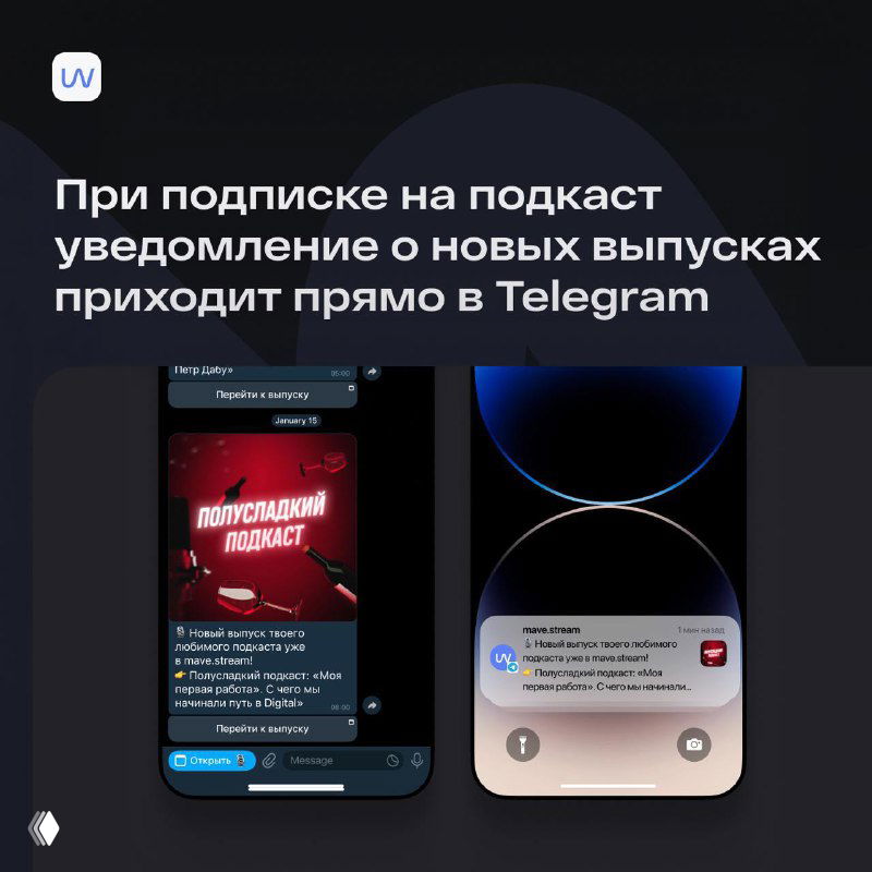 Уведомления о новых выпусках: пример уведомления в Telegram и push-уведомления, которые приходят при подписке на подкаст в mave.stream.
