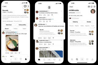 Три мобильных экрана с интерфейсом ленты Threads: примеры карточек и списка постов, показывающие идею тематических фидов и подписок в приложении