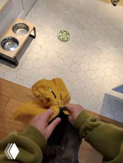 POV-кадр на кухне: руки держат одежду и видно миски для собаки и миску с кормом на фоне плиточного пола.