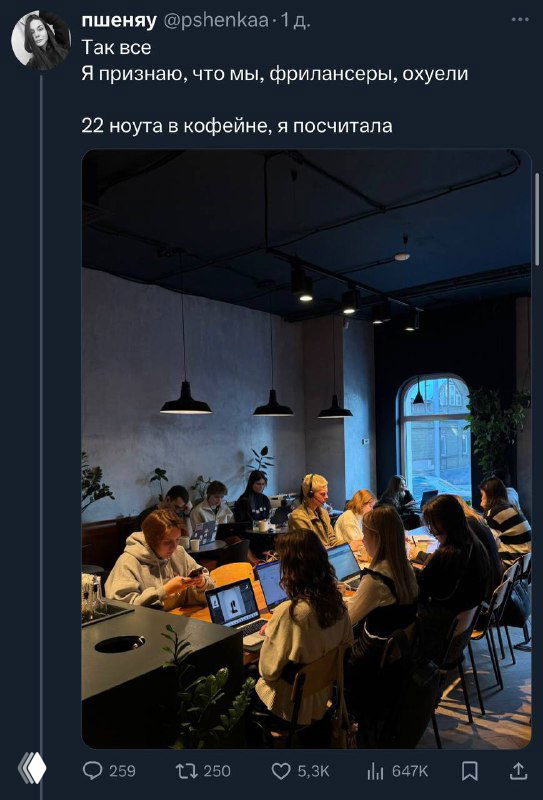 Наполненная людьми кофейня/опенспейс Skuratov в Нижнем Новгороде: посетители сидят за ноутбуками, созвоны и работа вплотную друг к другу.