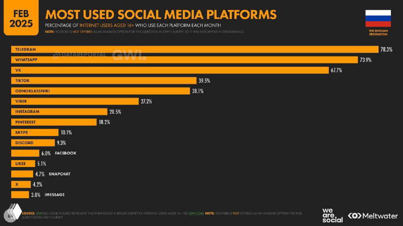 Слайд Digital 2025: горизонтальная диаграмма с долями использования платформ в России — Telegram, WhatsApp, TikTok и др.