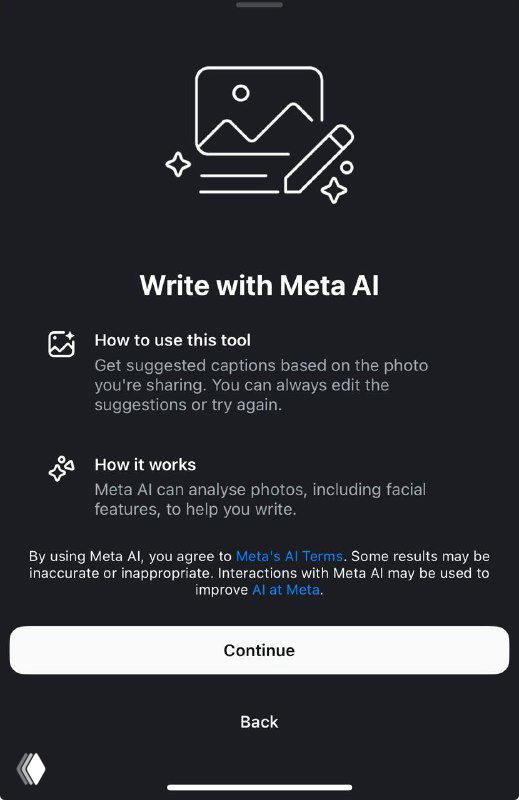 Скриншот экрана «Write with Meta AI»: подсказки и объяснение работы инструмента генерации текста от Meta, кнопка Continue и элементы интерфейса.