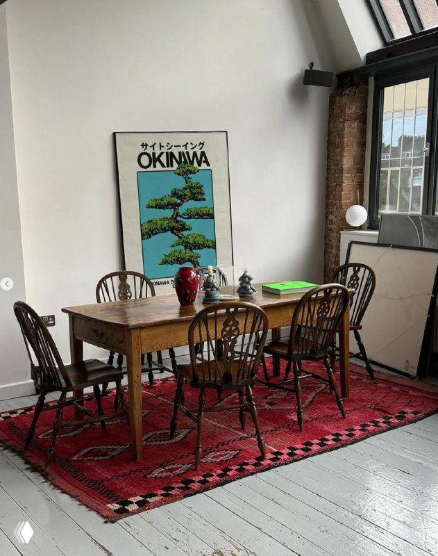 Обеденная зона с длинным деревянным столом, винтажными стульями и крупным плакатом на белой стене — постеры в разных бытовых контекстах.