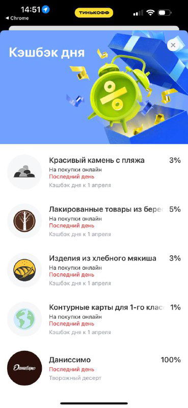 Скриншот мобильного приложения с интерфейсом «Кэшбек дня»: список категорий, процентов кэшбека и иконки товаров на светлом фоне.