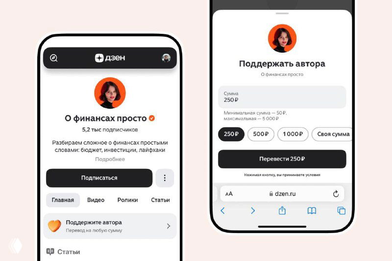 Скриншоты интерфейса Дзена на двух смартфонах: экран поддержки автора с выбором суммы доната и кнопкой перевода, показаны суммы и элементы UI.