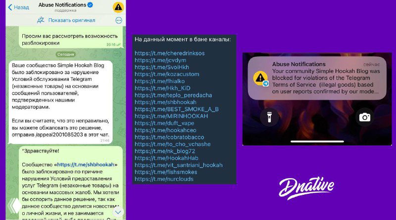 Коллаж: скриншоты переписок и уведомлений Telegram на фиолетовом фоне с логотипом DNative — иллюстрация случаев блокировок и жалоб на каналы в нише