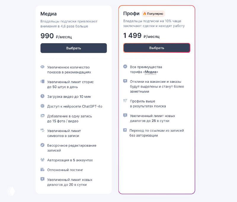 Скриншот интерфейса TenChat с двумя тарифными планами Premium/Профи: карточки с ценами, списком функций и визуальным сравнением тарифов на фоне белой страницы.