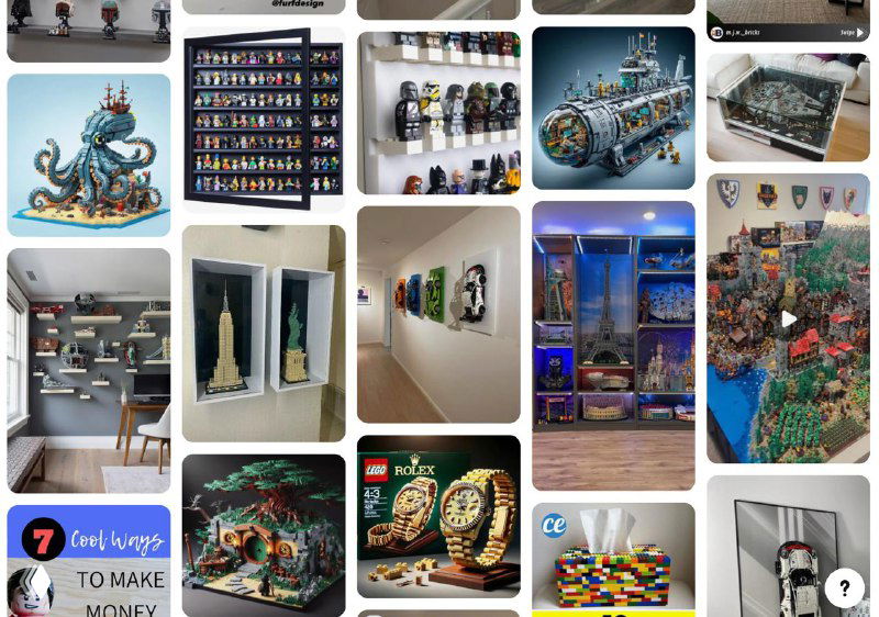 Скриншот доски Pinterest с миниатюрами коллекций, витрин и фигурок — множество схожих изображений, характерных для сгенерированных пинов.