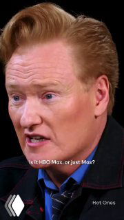 Крупный план лица телеведущего (пародия): выражение удивления и подпись 'Is it HBO Max, or just Max?' — часть подборки реакций на смену бренда.