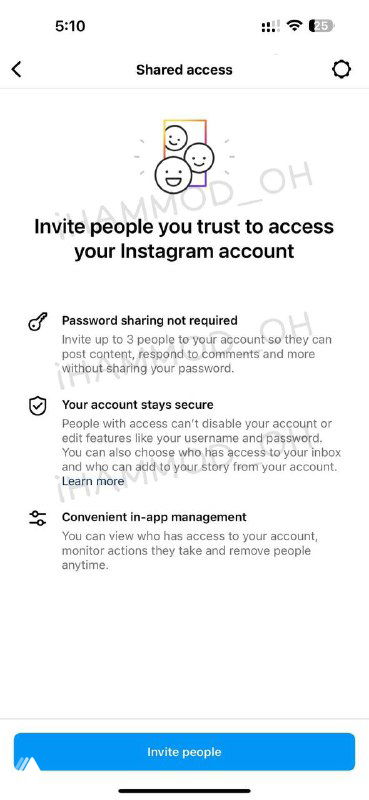 Скриншот интерфейса Instagram: 'Shared access' с приглашением пользователей и пояснения про доступ без шеринга паролей.