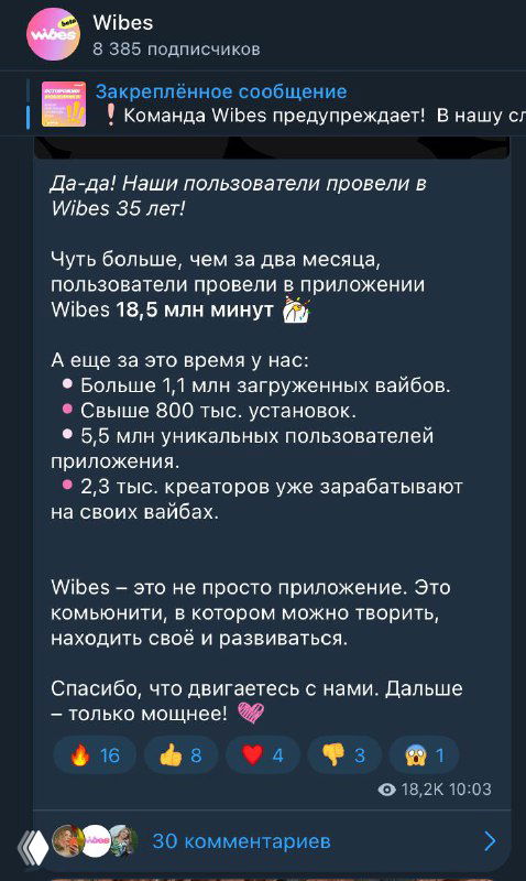 Скриншот поста Telegram: мобильный интерфейс, прикреплённое сообщение со статистикой Wibes — 18,5 млн минут и 5,5 млн пользователей.