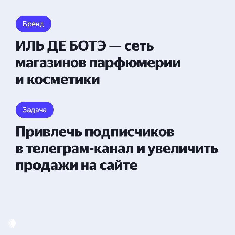 Информативный слайд: логотип ИЛЬ ДЕ БОТЭ и задача кампании — привлечь подписчиков и увеличить продажи на сайте, текстовый блок на светлом фоне.