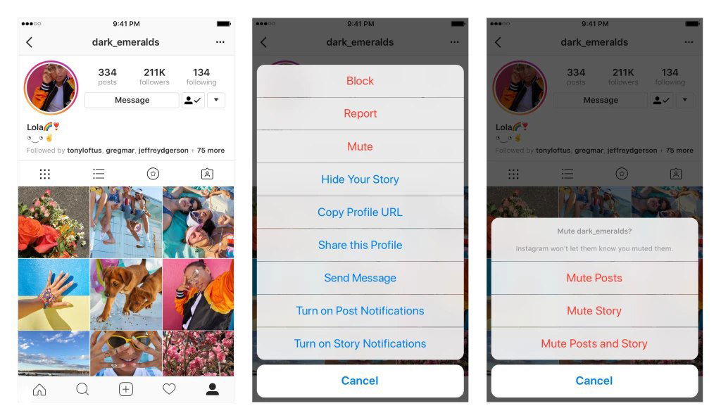 Три скриншота интерфейса Instagram: профиль, меню с опцией «Mute» и выбор отключения постов/Stories, показ новой функции.
