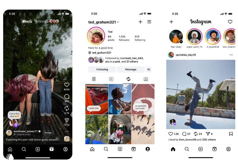 Три скриншота интерфейса Instagram на смартфонах: Reels с лайками, сетка профиля с новой вкладкой репостов и пример поста с возможностью репоста; демонстрация новых функций