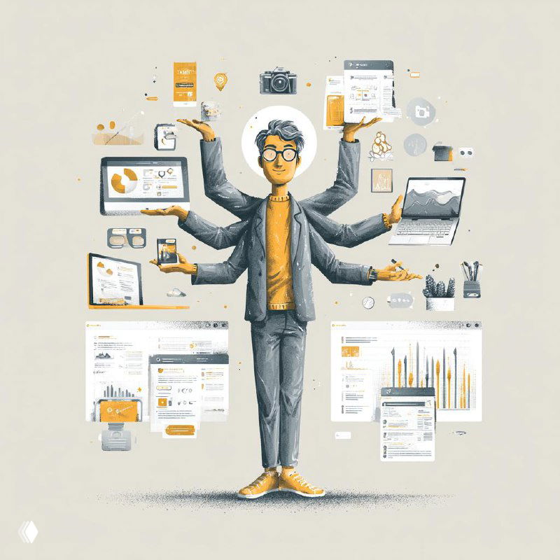 Иллюстрация: человек с несколькими руками, держащий ноутбук и смартфон, окружённый графиками и иконками — визуализация многозадачности и автоматизации в SMM.