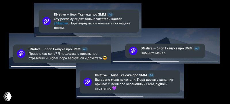 Скриншоты превью сообщений канала с несколькими карточками и оверлеями на тёмном фоне, иллюстрация тестовых креативов.