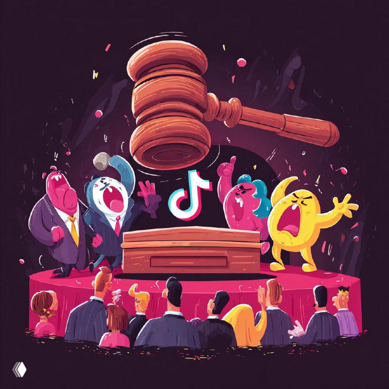 Иллюстрация: молоток над логотипом TikTok и публика в зале — метафора судебного или публичного решения о продаже платформы.