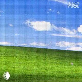 Превью: изображение в духе обоев Windows XP — зелёный холм и голубое небо с облаками, курсор мыши и логотип A16Z в углу.