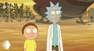 Кадр с персонажами в стиле Rick and Morty: автогенерированное вертикальное видео с логотипом Sora; пример генерации Sora: водяной знак, артефакты и мультяшный фон.