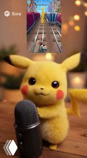 Вертикальный ролик с Пикачу и микрофоном, наложение вставки и логотипа Sora: демонстрация мультяшной генерации и возможных нарушений авторских прав в ленте.