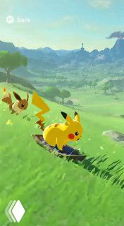 Пикачу в игровом открытом мире на фоне холмов: автогенерированная сцена с водяным знаком Sora; пример стилизации под известную игру и возможных IP-артефактов.