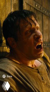 Кадр с актёром в напряжённом выражении лица: возможная синтетическая киношная сцена, отмеченная логотипом Sora; пример реалистичных кадров, создаваемых нейросетью.