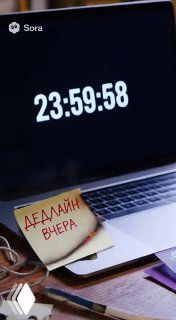 Ноутбук с крупным таймером на экране и стикером «ДЕДЛАЙН ВЧЕРА»: сцена с элементами графики, демонстрирующая текстовые вставки и стилизацию в ролике Sora.