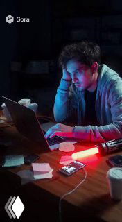 Человек ночью за ноутбуком в напряжённой обстановке: пример бытовой сцены, сгенерированной нейросетью Sora, с характерными деталями и водяным знаком сервиса.