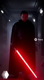 Тёмная фигура с красным световым мечом в коридоре: стилизованное киношное изображение, вызывающее ассоциации с популярными франшизами и отмеченное логотипом Sora.