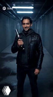 Мужчина с репликой сабли в руках позирует в коридоре: демонстрация возможности генерации персонажей и реквизита Sora, с водяным знаком и студийной подсветкой.