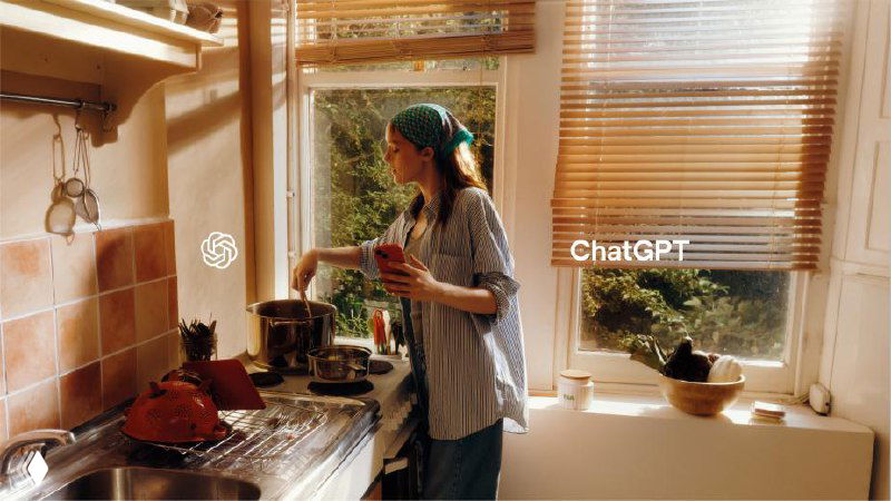 Кадр из видеоролика или стиля кампании: женщина готовит на кухне, на заднем плане мягкая ламповая цветовая гамма и надпись ChatGPT
