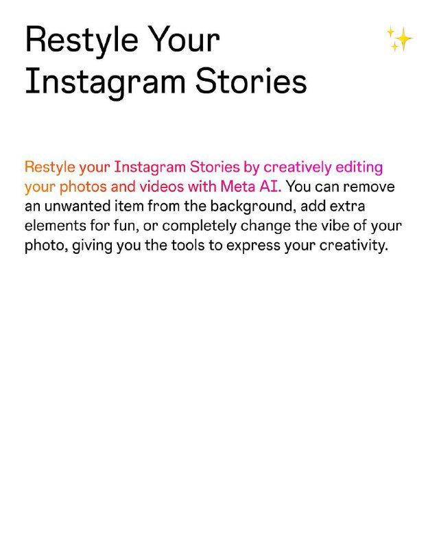 Белая карточка с заголовком "Restyle Your Instagram Stories" и кратким описанием возможностей Meta AI по изменению фото и видео в сторис.