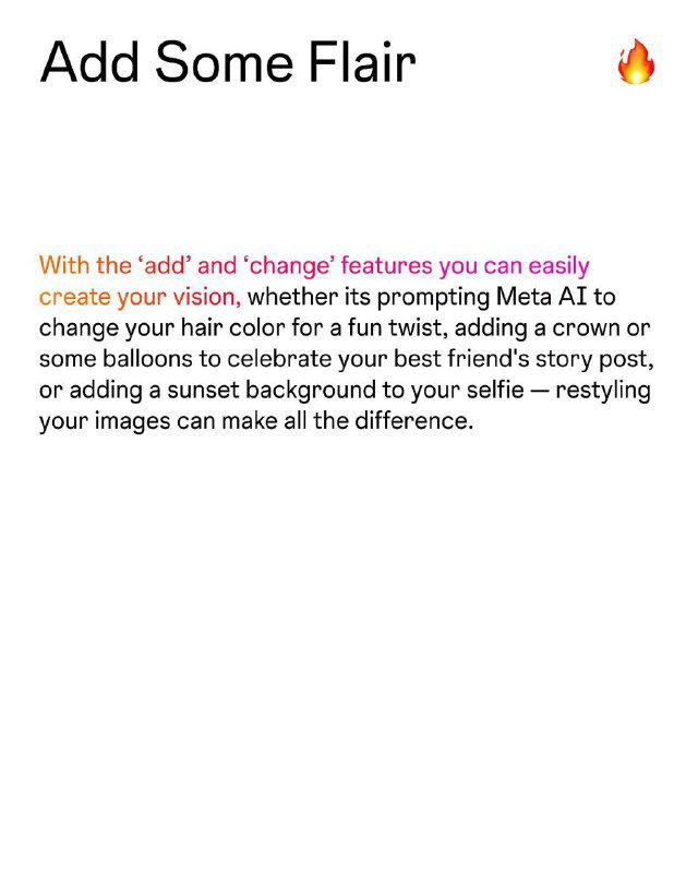 Слайд "Add Some Flair" с эмодзи и текстом о добавлении украшений и эффектов в фото через функции 'add' и 'change' в Meta AI.