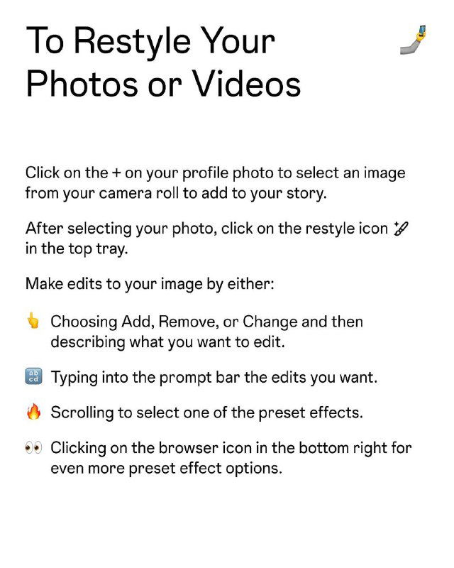 Инструктивный слайд "To Restyle Your Photos or Videos" с пунктами действий и иконками, поясняющий как применять рестайлинг к медиа в сторис.