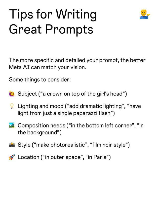 Слайд с заголовком "Tips for Writing Great Prompts" и списком советов: предмет, свет, композиция, стиль, место — рекомендации по формулировке промптов.