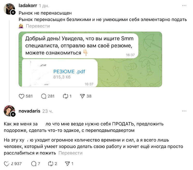 Скриншот переписки в Telegram с обсуждением резюме и вопроса, нужно ли специалисту «продавать себя» при поиске работы.