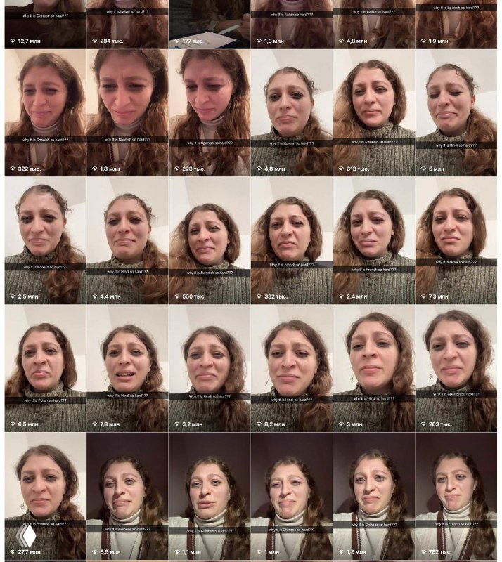 Коллаж миниатюр вертикальных видео с лицом женщины, изображающей слёзы и эмоциональное напряжение — пример однотипных тизеров Airlearn в соцсетях.