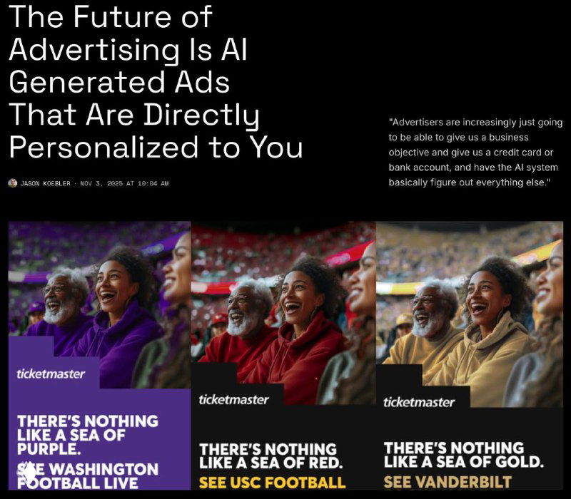 Коллаж с заголовком статьи и перекрашенными кадрами зрителей на трибуне, демонстрирующими идею персональных AI-объявлений.