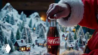 Рука в костюме Санты держит бутылку Coca‑Cola на фоне миниатюрной заснеженной деревни — праздничный кадр новогодней рекламы, подчёркивающий атмосферу и продукт.
