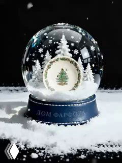 Снежный шар с декоративной тарелкой Spode и центральной ёлочной росписью, оформлен в белый искусственный снег и миниатюрные ёлочки вокруг.