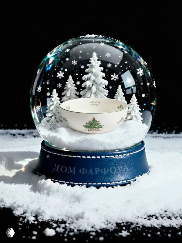 Снежный шар с глубокой пиалой Spode и рисунком рождественской ёлки, окружённой миниатюрными снежными ёлочками и снежинками.