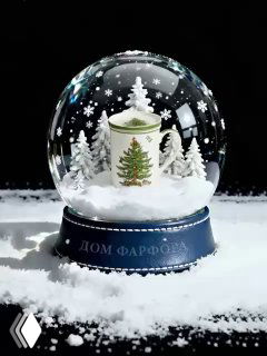 Снежный шар с высокой кружкой Spode из коллекции «Рождественская ель», украшенной зелёной ёлкой и золотой окантовкой, на чёрном фоне.