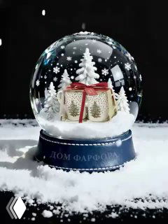 Снежный шар с подарочной упаковкой и набором посуды Spode внутри, украшенной рисунками мини‑ёлочек и праздничными бантиками.