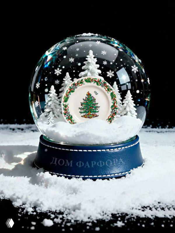 Снежный шар с декоративной тарелкой Spode, украшенной рождественской елкой и золотистой рамкой, окружённой миниатюрными елями.