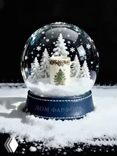 Снежный шар с кружкой Spode на подставке с логотипом магазина, внутри — миниатюрная белая ёлка и падающий «снег» для праздничной атмосферы.