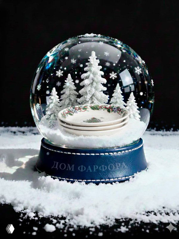Снежный шар, внутри которого размещены стопкой блюдца Spode с изображением рождественской ёлки, окружённые белым искусственным снегом на темном фоне.