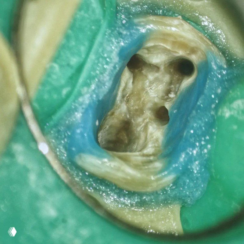 Изображение доступа с медиального ракурса под увеличением: устье MB2 расположено посредине между MB1 и небным каналом, видны корневые входы и окрестные ткани.