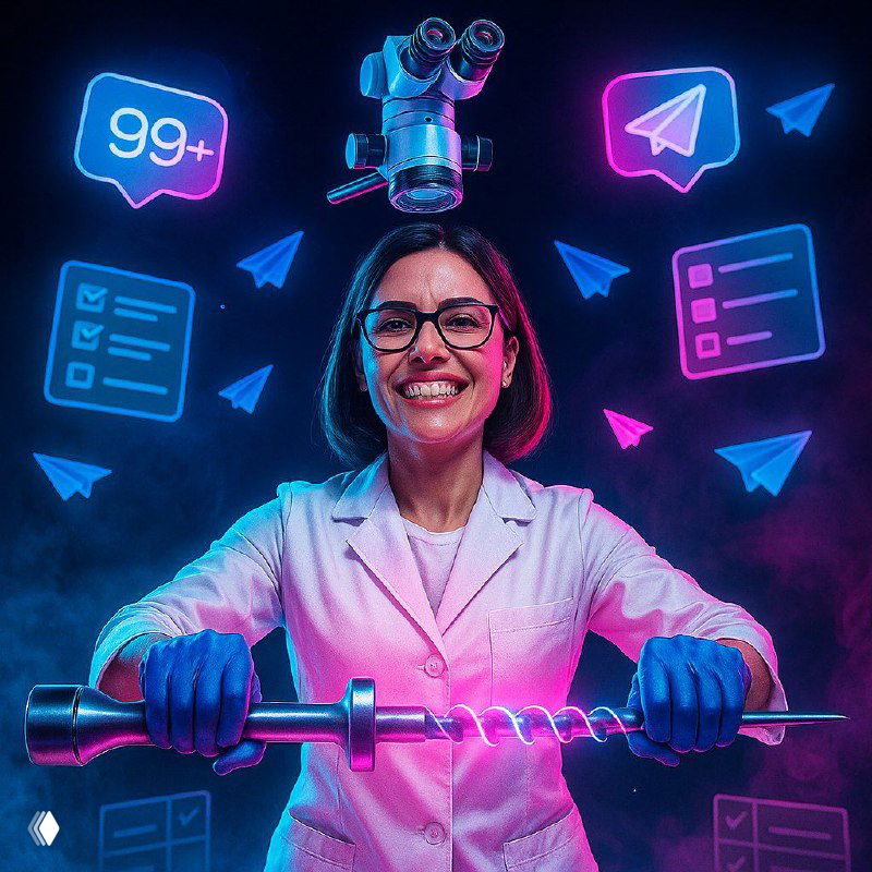 Иллюстрация: врач-эндодонтист в белом халате держит крупный сверловой инструмент на фоне неоновых иконок Telegram и микроскопа